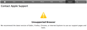 An "unsupported browser" message from Apple's support website