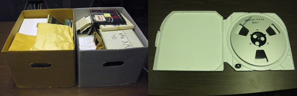  During the NABWH recordings digitization process, tapes were transferred onto professional-quality metal reels and stored in inert plastic cases. On the left are the original enclosures in which the reel-to-reel tapes were found; the right shows how the storage was upgraded. NPS Photos.