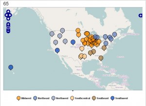 Viewshare visualization of the DPOE Topical Trainer Network. Each pin represents an attendee of a Train-the-Trainer event.